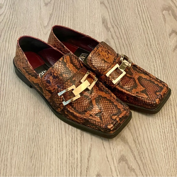 Zara Shoes - Zara Animal Print Square Toed Gold Chain Loafers Snake Skin